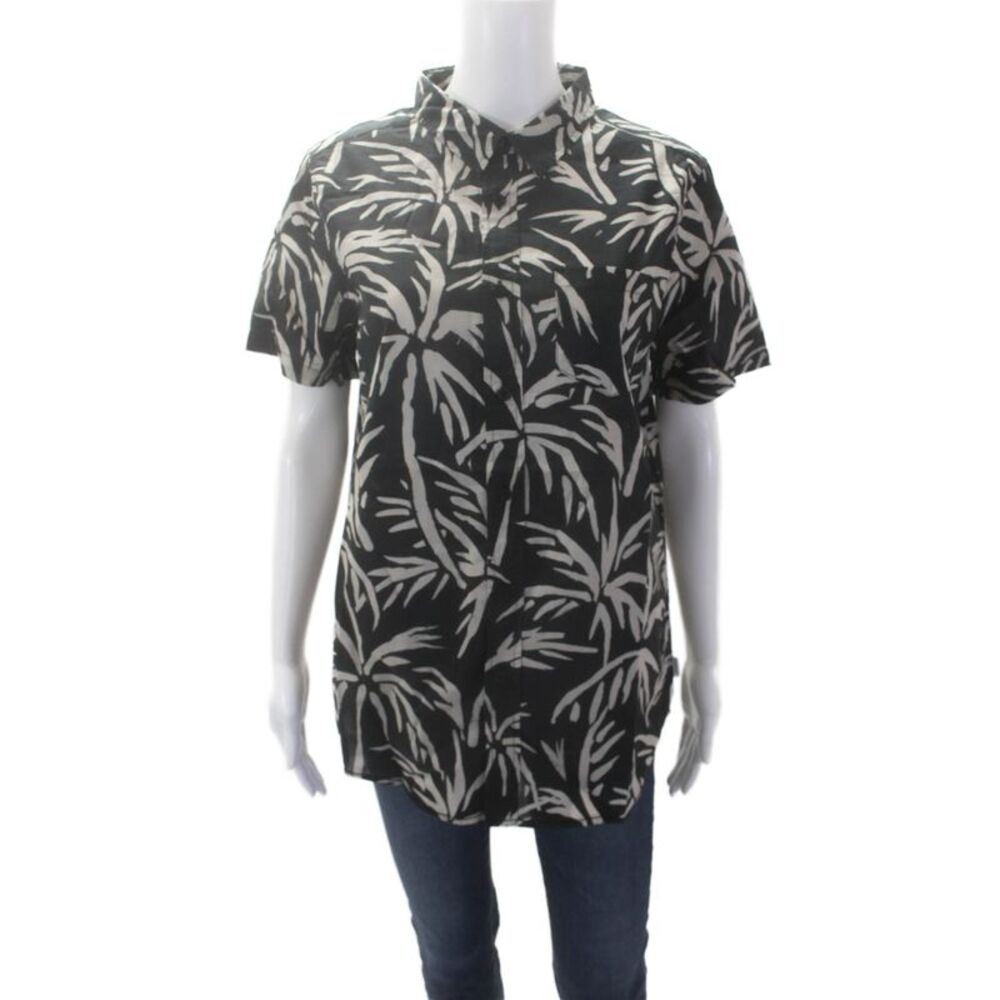 Banks Journal Womens Cotton Abstract Print Short Sleeve Blouse Top Black Size S